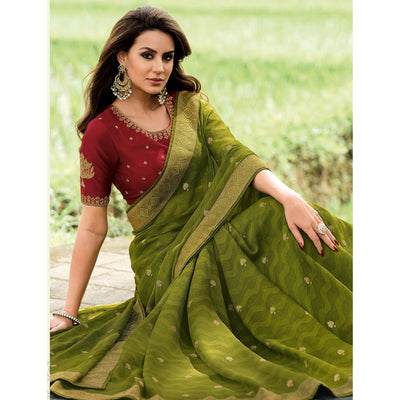 Mehendi Green Foil Printed Chiffon Saree