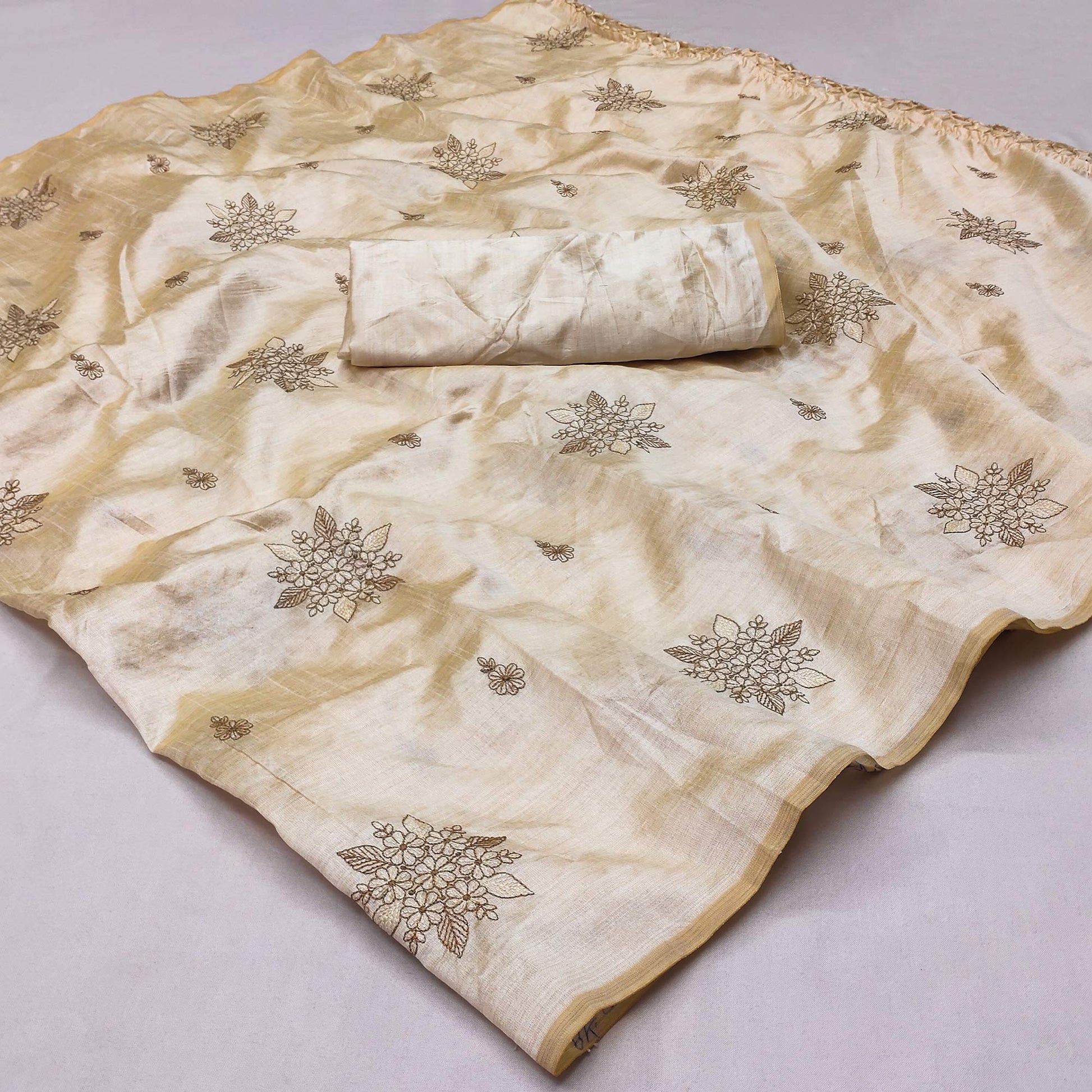 Cream Floral Embroidered Assam Silk Saree
