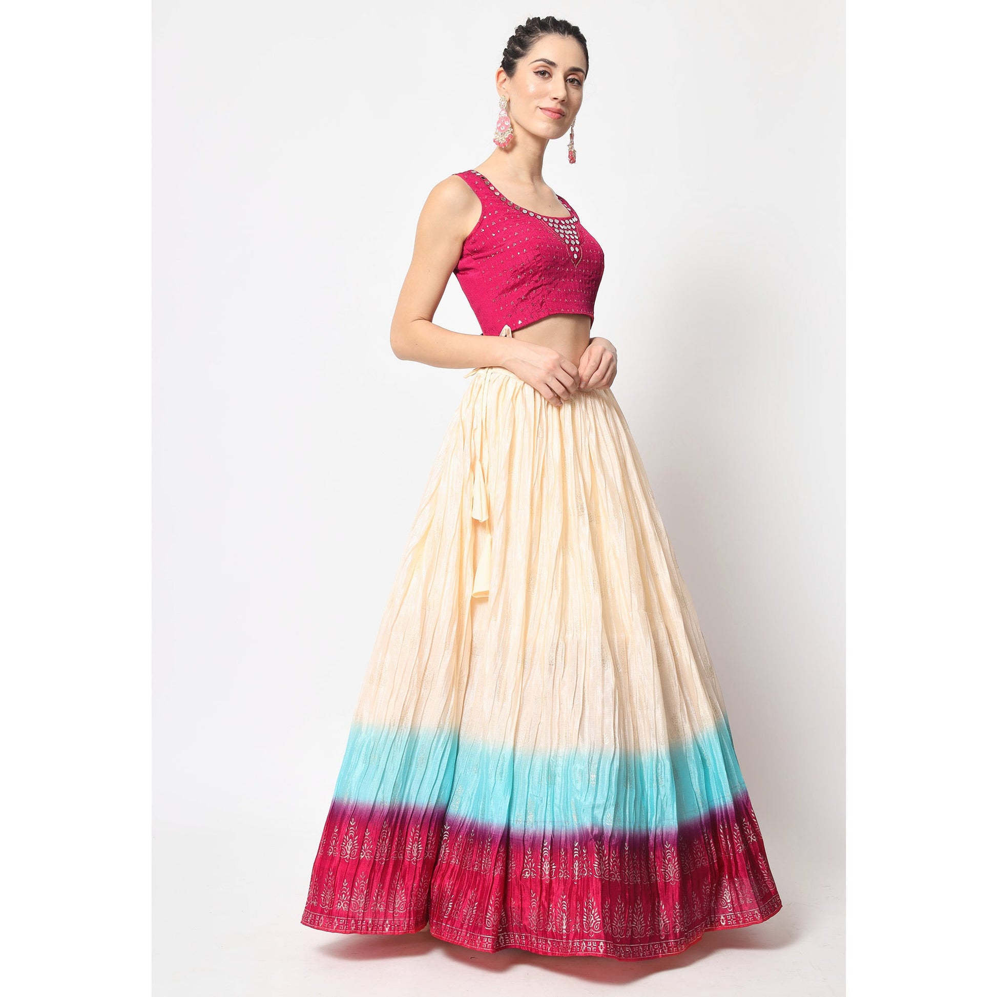Cream Foil Printed Chiffon Lehenga Choli