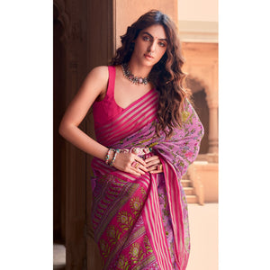 Light Purple Floral Printed Linen Saree