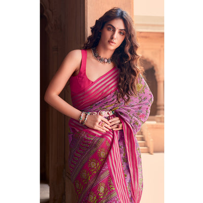 Light Purple Floral Printed Linen Saree