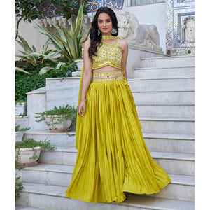 Lemon Green Embroidered Chiffon Plated Lehenga Choli