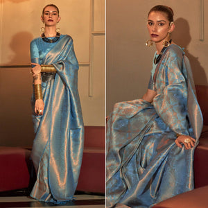 Blue Woven Art Silk Saree With Tassels