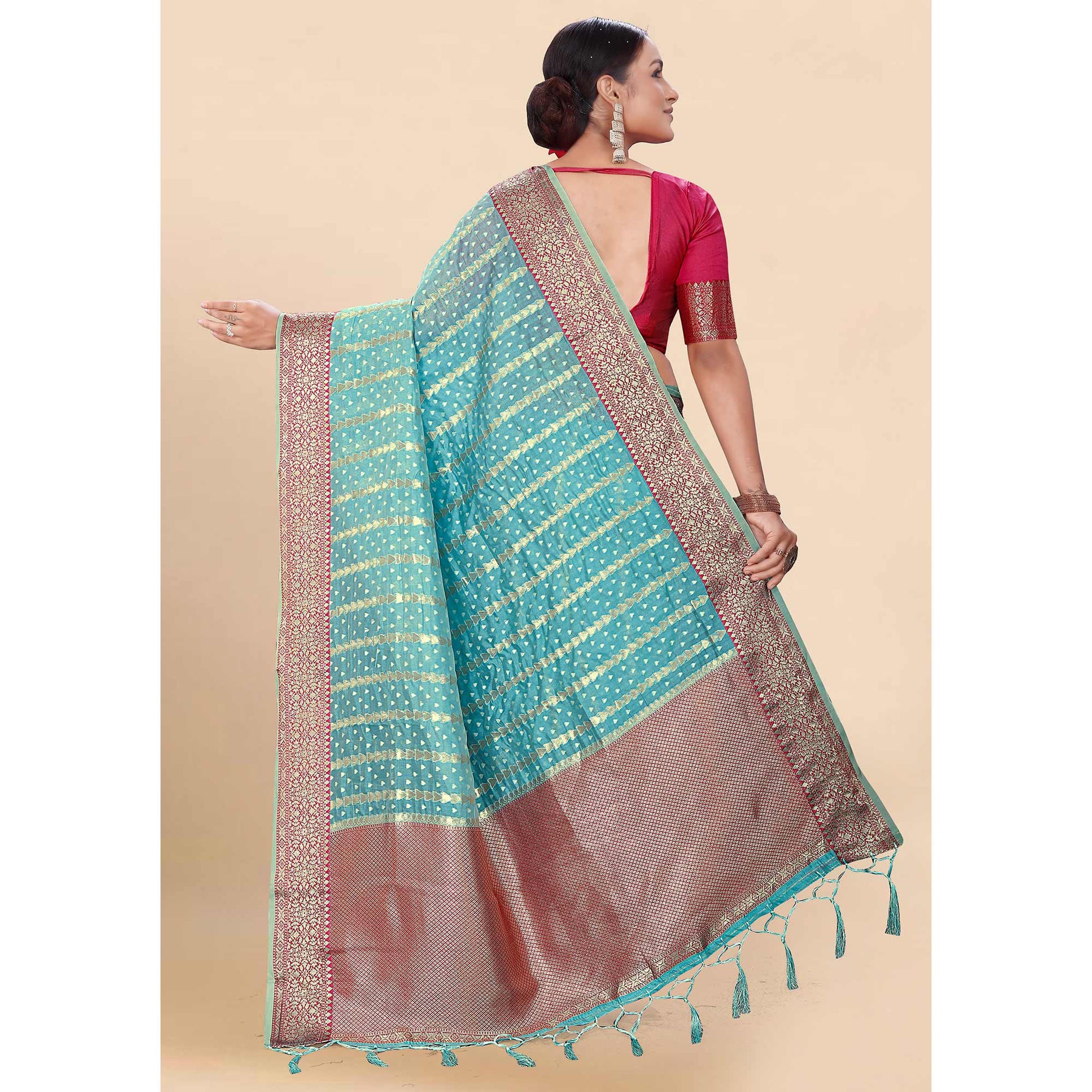 Blue Woven Organza Saree With Tassels