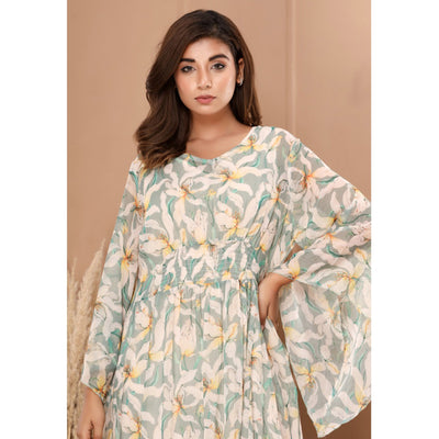 green-floral-printed-chiffon-dress