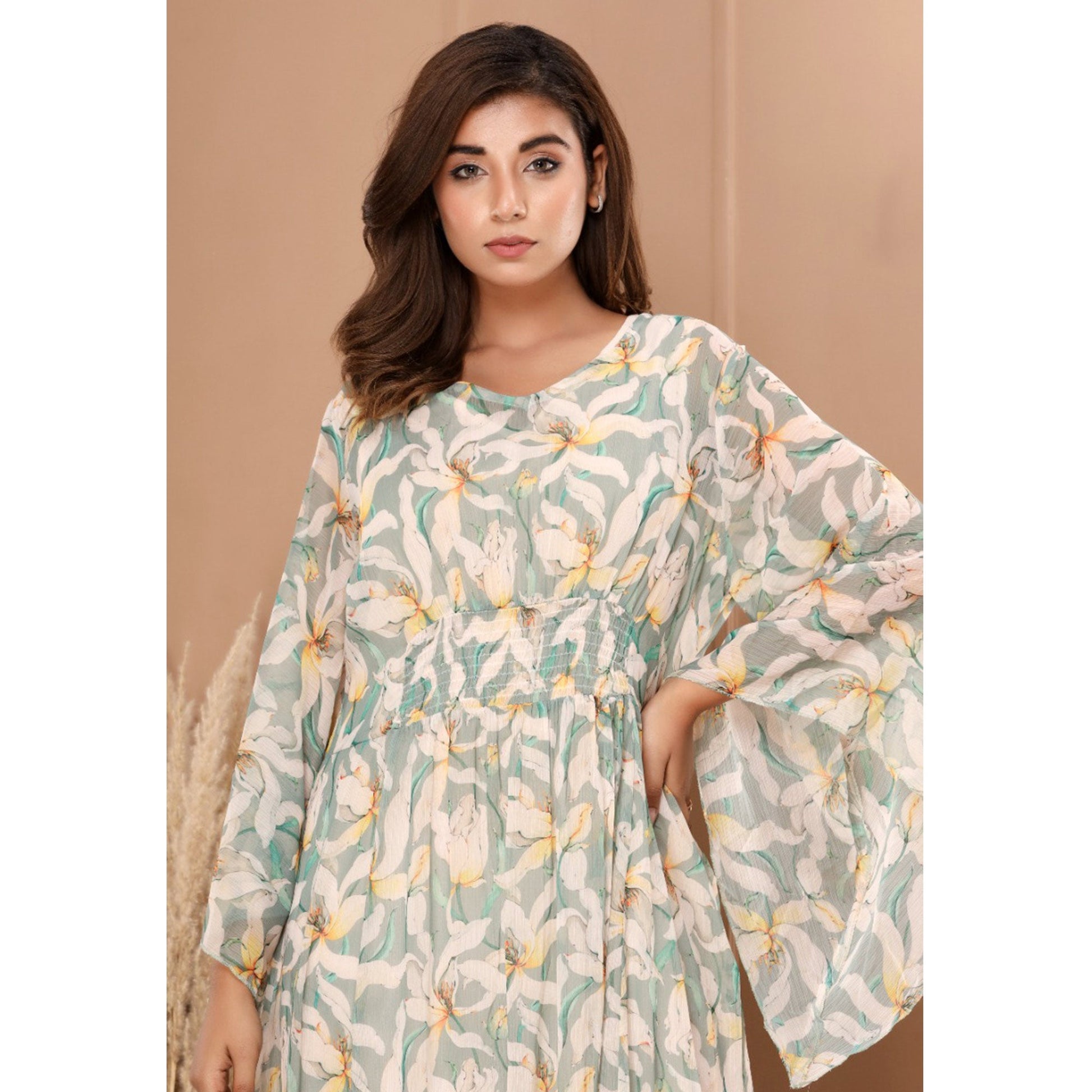 green-floral-printed-chiffon-dress