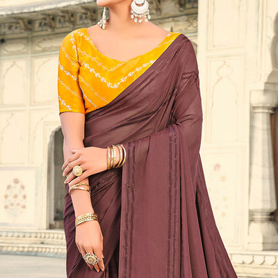 Brown Printed Georgette Saree With Tassels