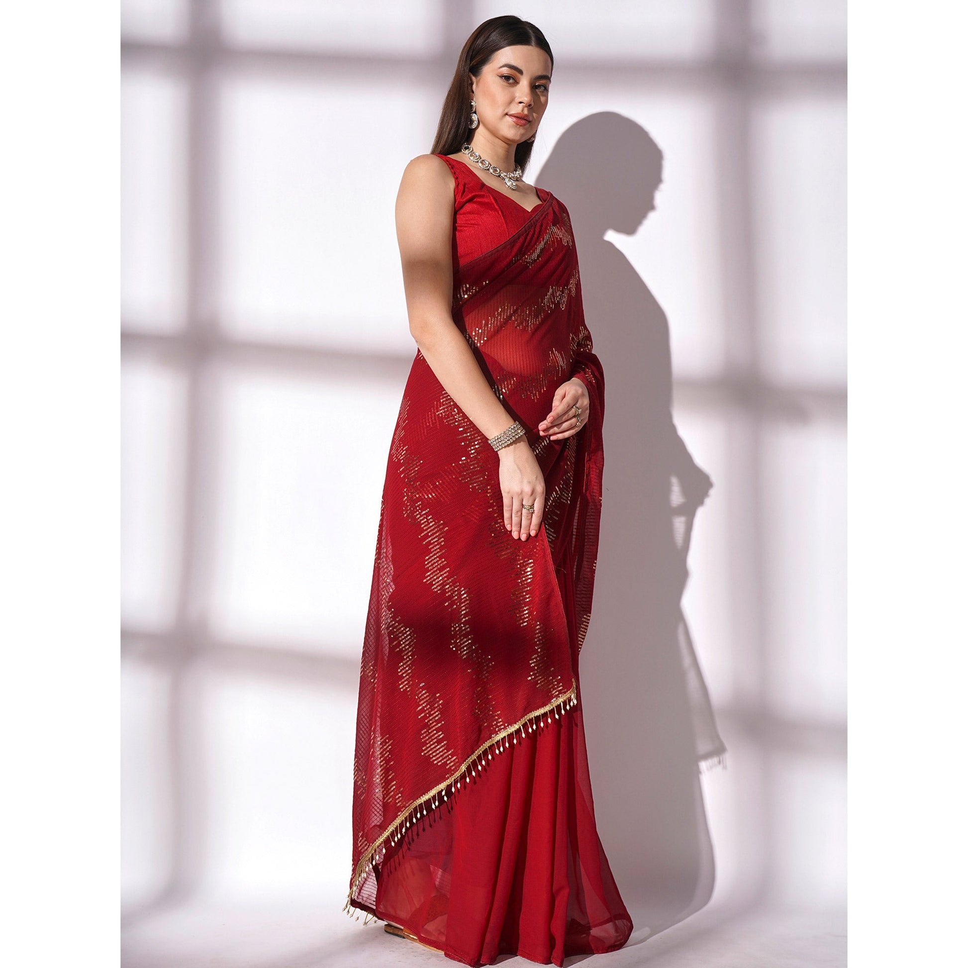 Maroon Sequins Embroidered Georgette Saree
