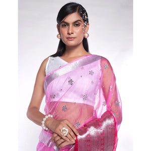 Light Pink Sequins Embroidered Organza Saree