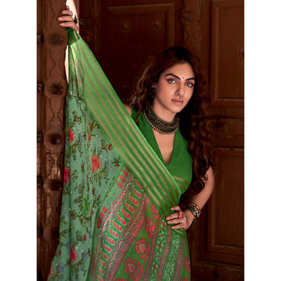 green-floral-printed-linen-saree