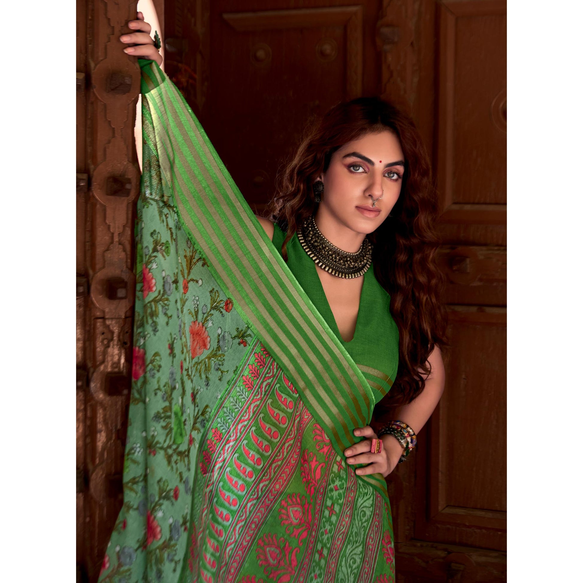 green-floral-printed-linen-saree