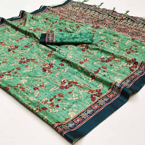 green-floral-digital-printed-tussar-silk-saree-with-tassels