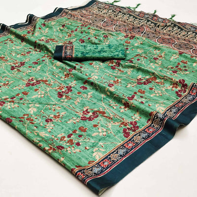 green-floral-digital-printed-tussar-silk-saree-with-tassels
