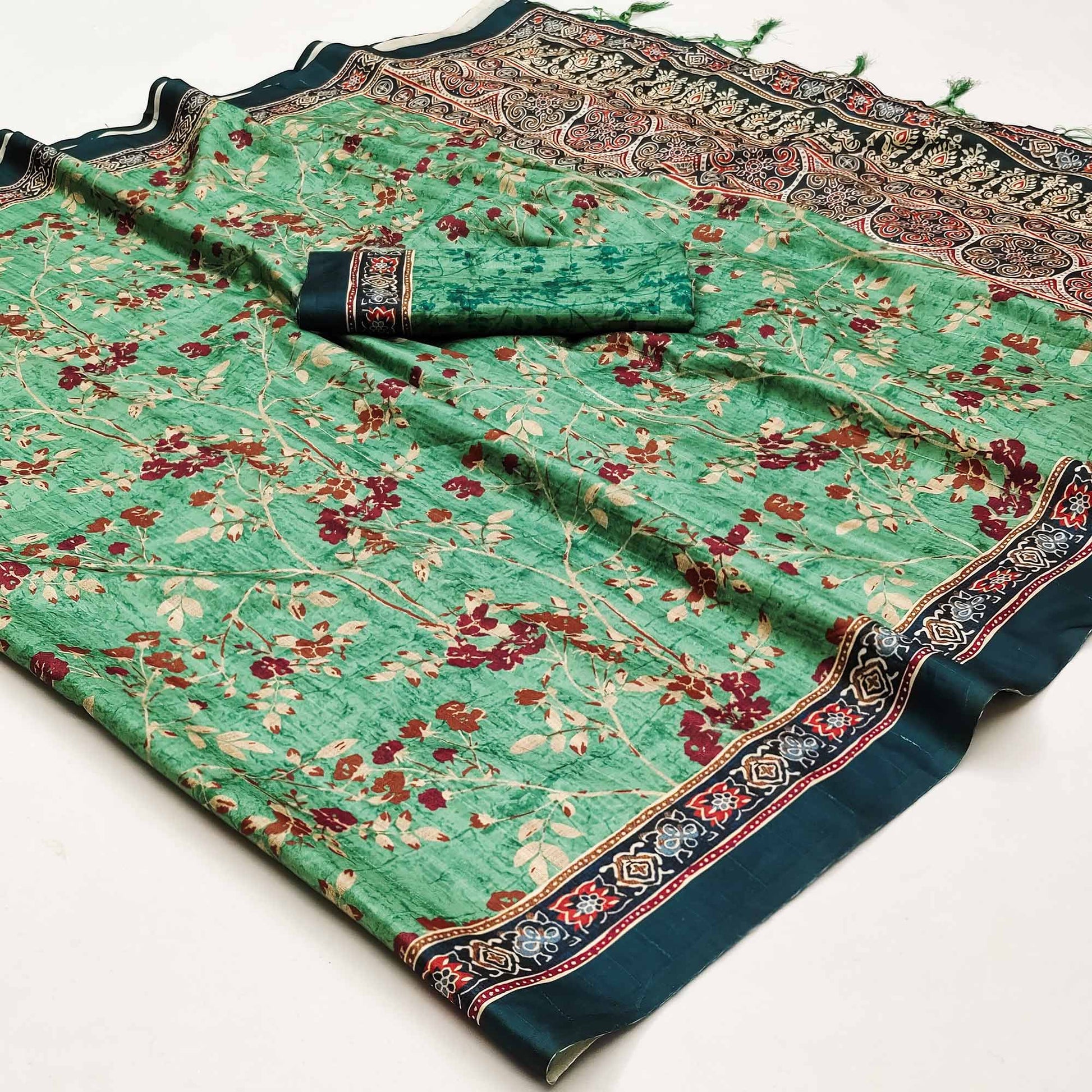 green-floral-digital-printed-tussar-silk-saree-with-tassels