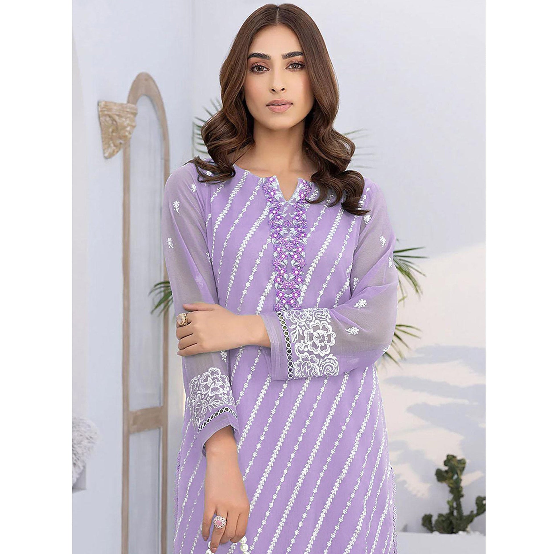 Light Purple Floral Embroidered Georgette Semi Stitched Suit