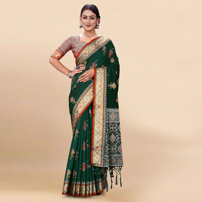 Dark Green Woven Patola Art Silk Saree With Tassels