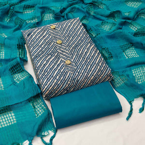 Blue Striped Printed Cotton Blend Dress Material