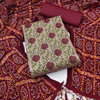 Brown Embroidered Art Silk Dress Material