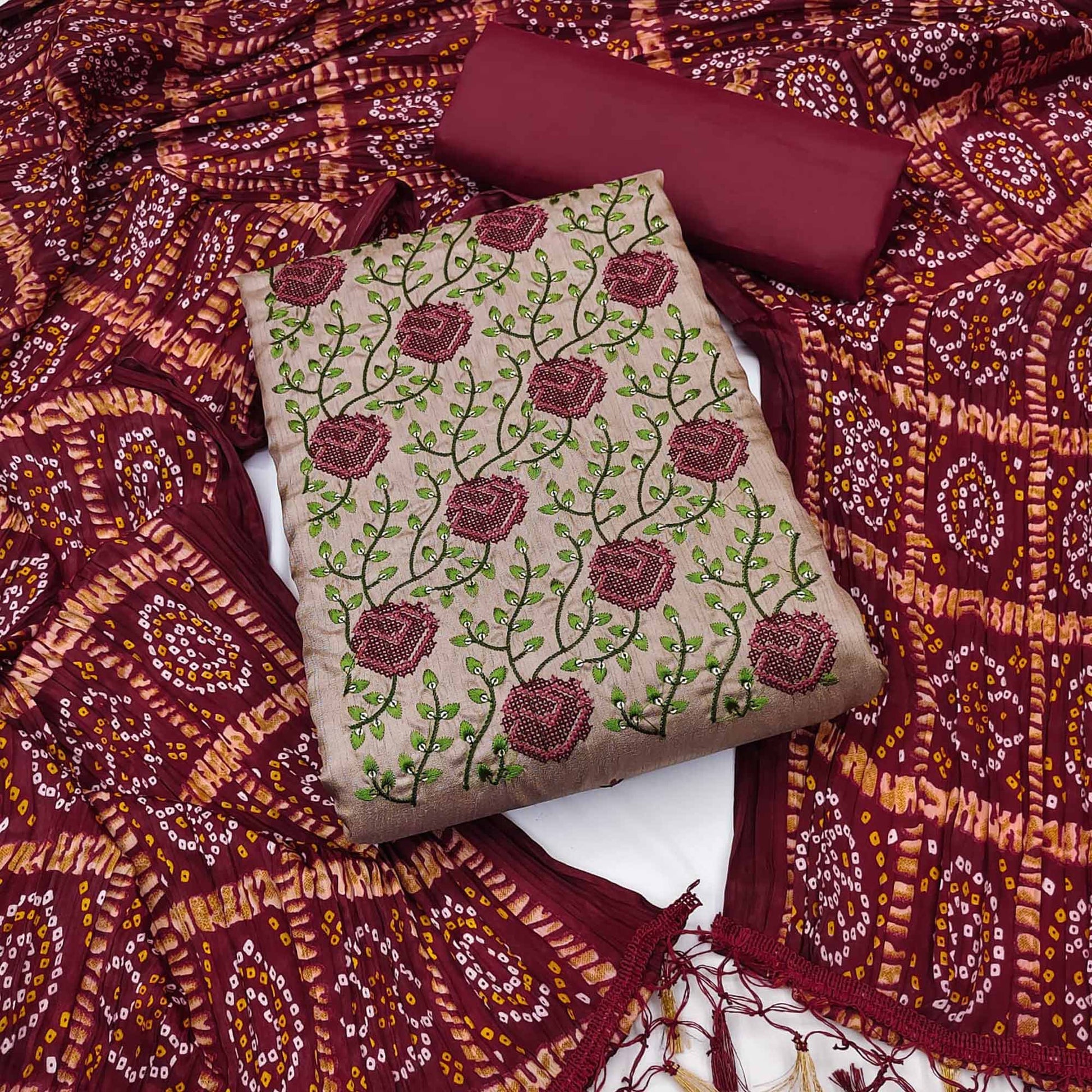 Brown Embroidered Art Silk Dress Material