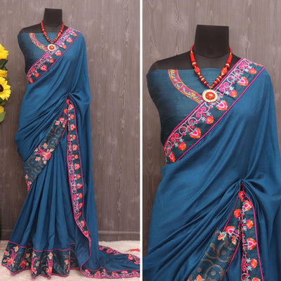 Morpich Floral Embroidered Vichitra Silk Saree