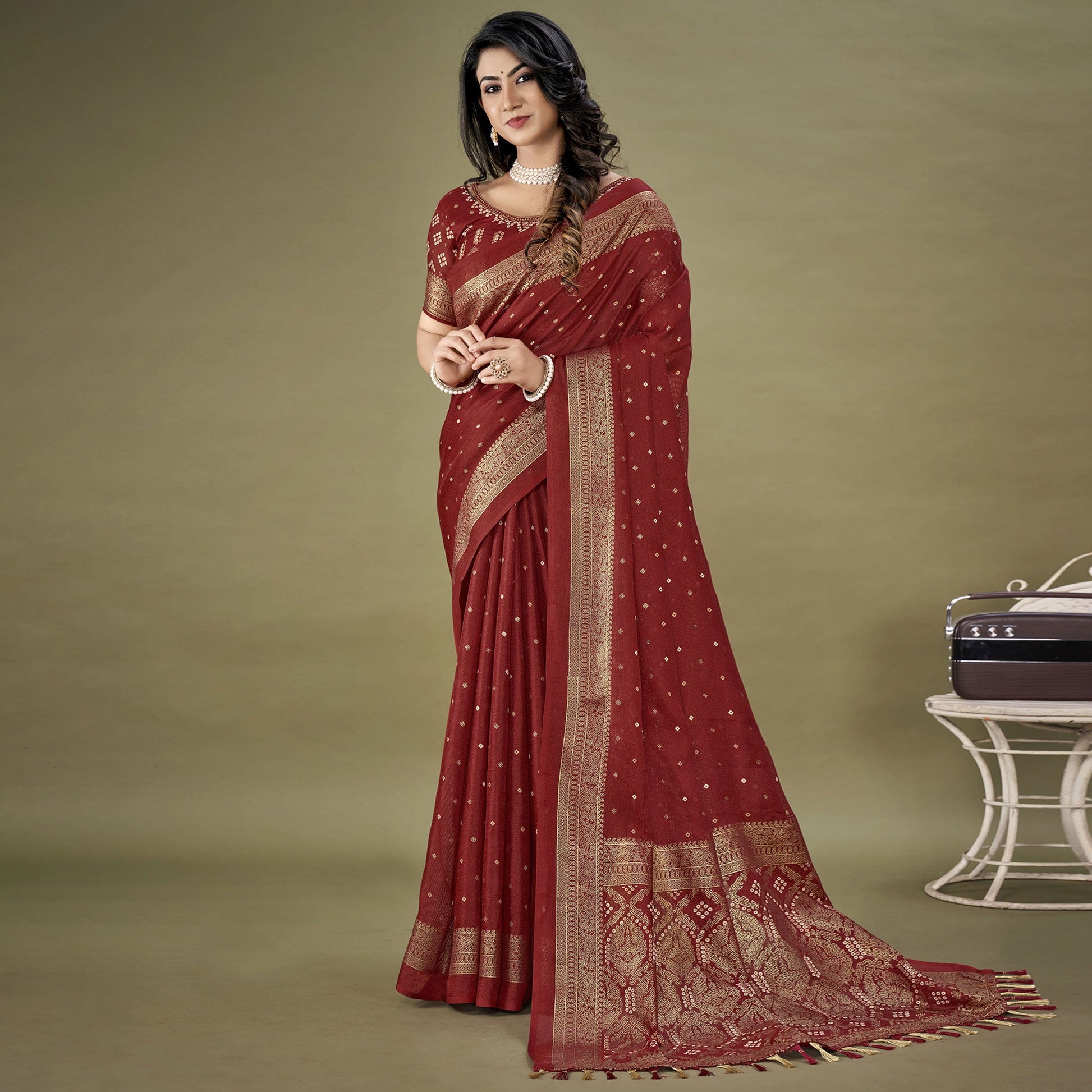 Maroon Bandhani Printed With Zari Border Jute Saree