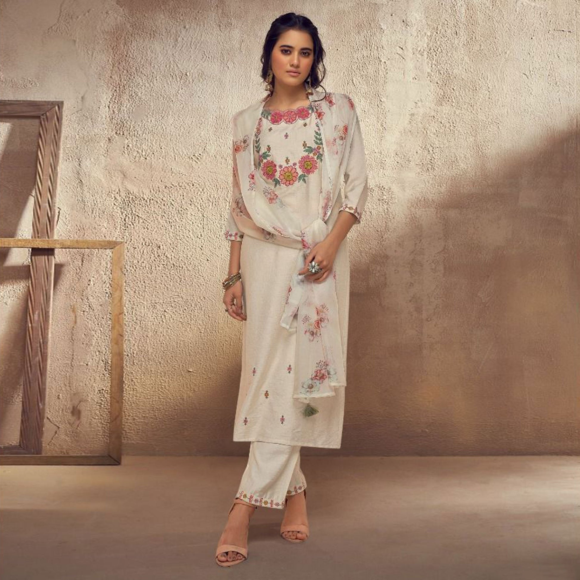 Cream Floral Embroidered Viscose Suit