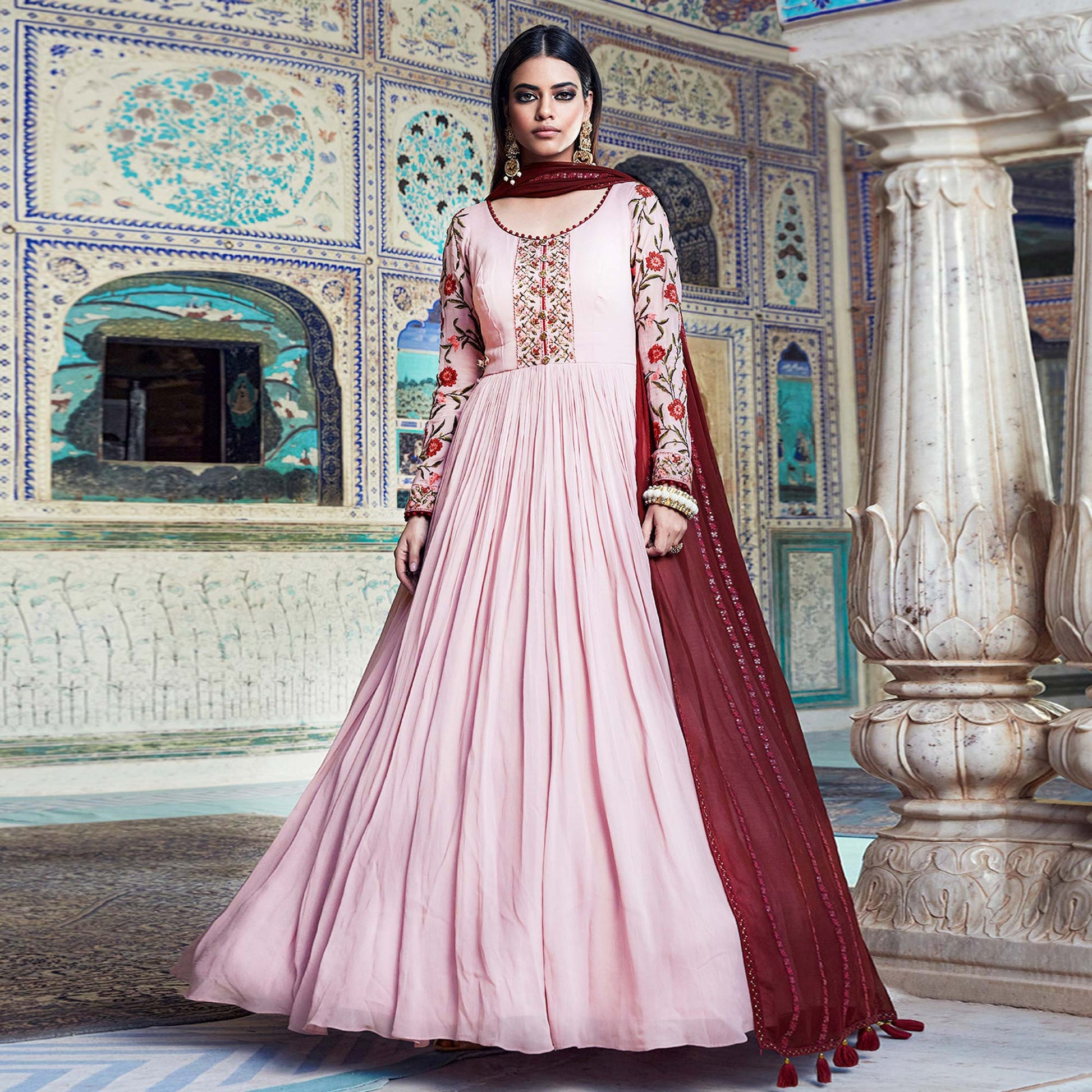 Light Pink Floral Embroidered Georgette Gown