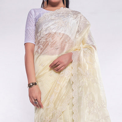 Light Yellow Floral Embroidered Organza Saree