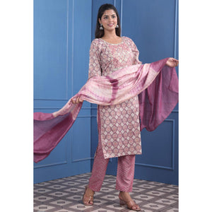 Mauve Floral Printed With Embroidered Rayon Suit