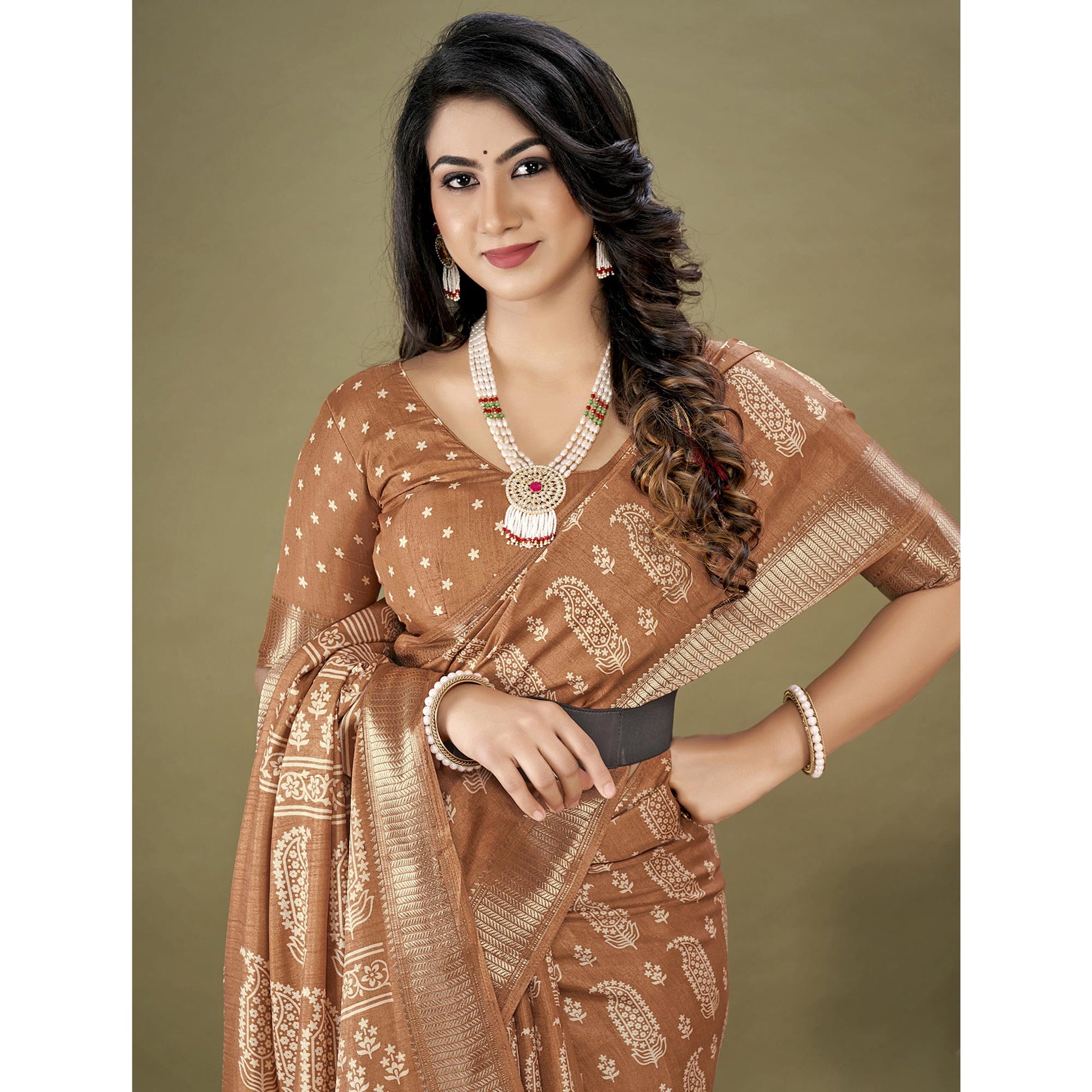 Brown Floral Printed Dola Silk Saree