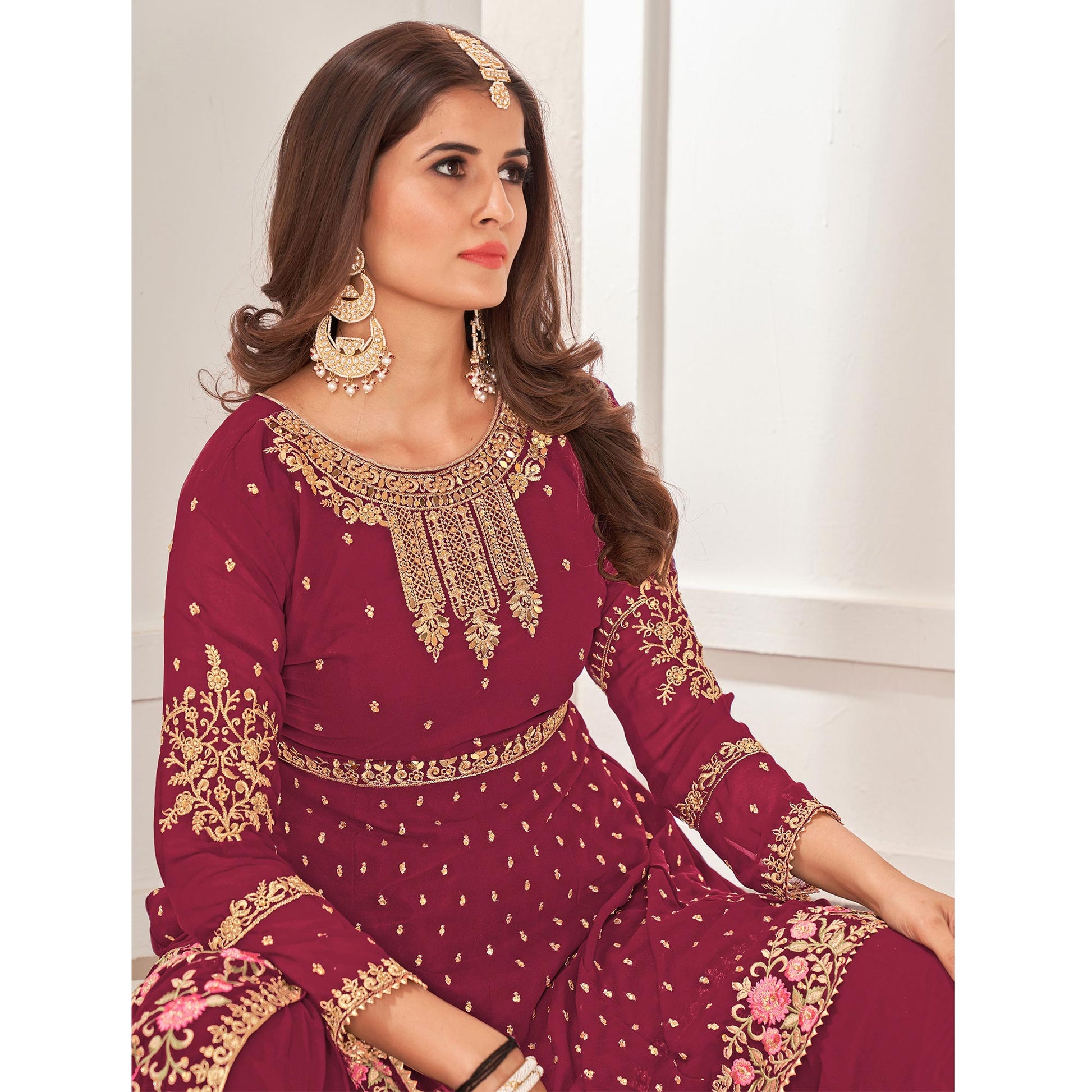 Maroon Sequins Embroidered Georgette Sharara Suit