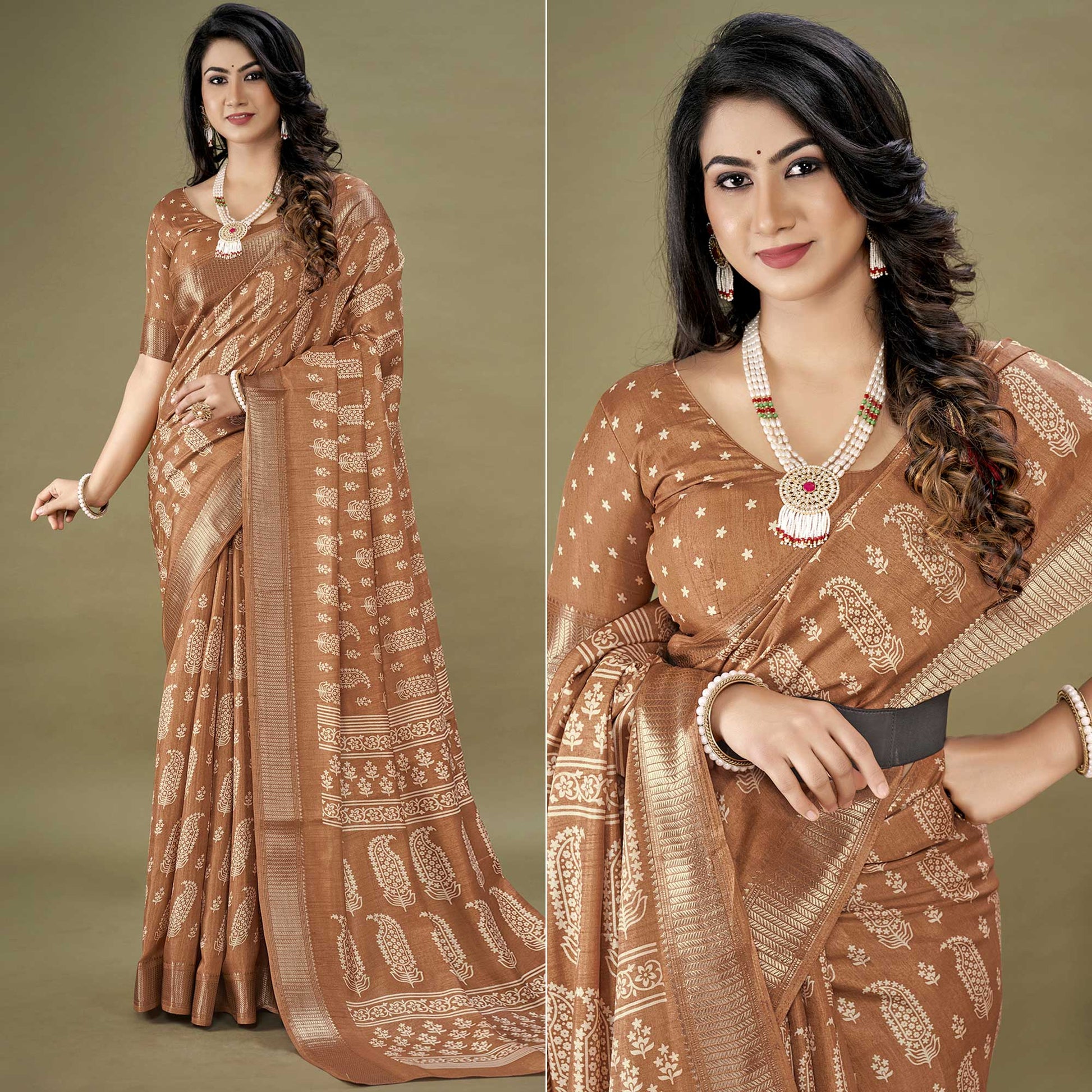 Brown Floral Printed Dola Silk Saree