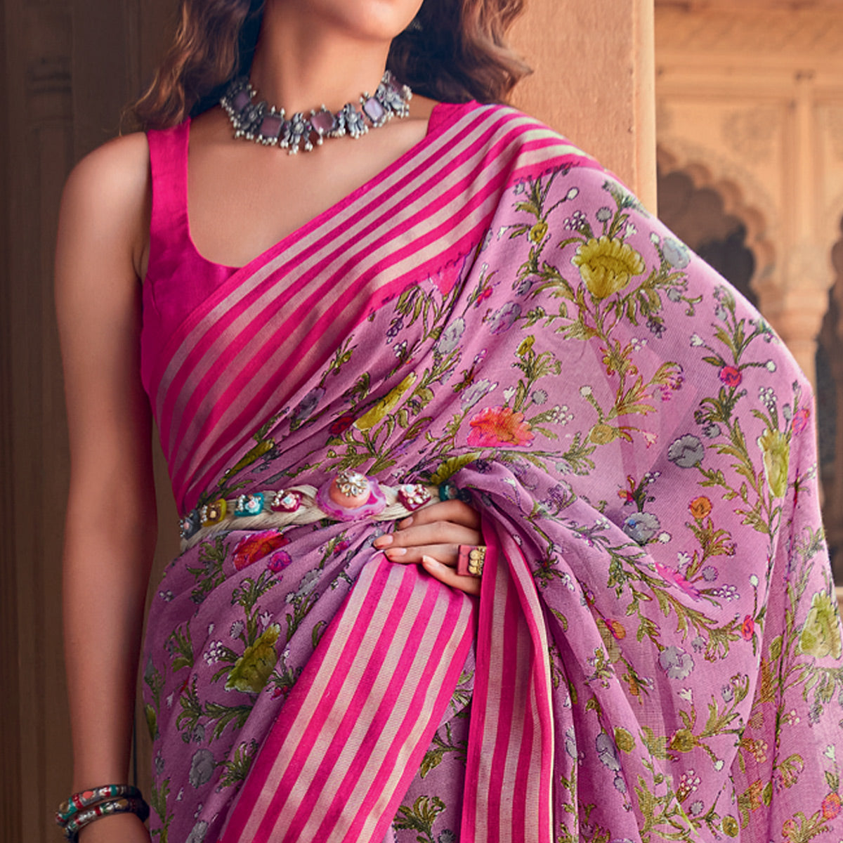 Light Purple Floral Printed Linen Saree