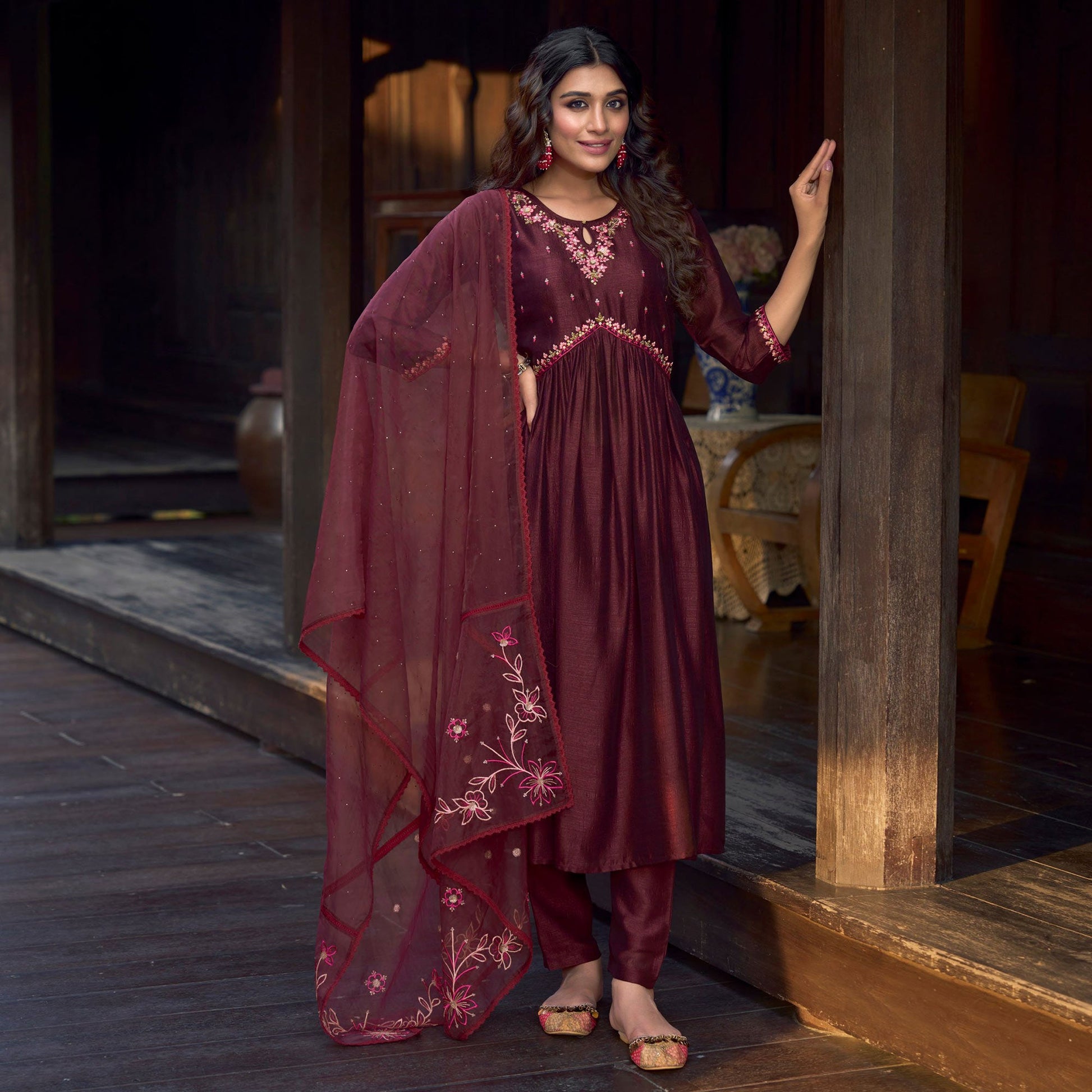 Maroon Floral Embroidered Art Silk Naira Cut Suit
