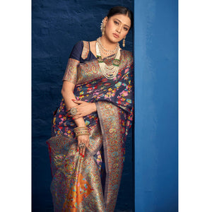 Blue Woven Art Silk Saree With Tassels