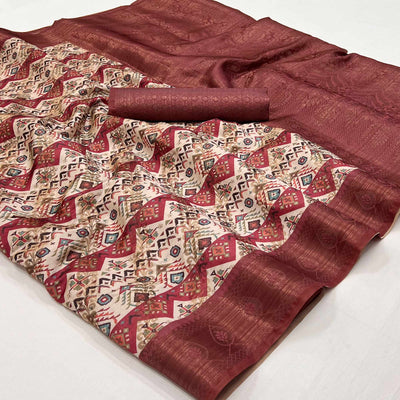 Cream Digital Printed Cotton Silk Saree