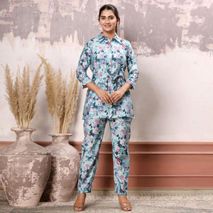 Light Blue Floral Printed Cotton Silk Co Ord Set