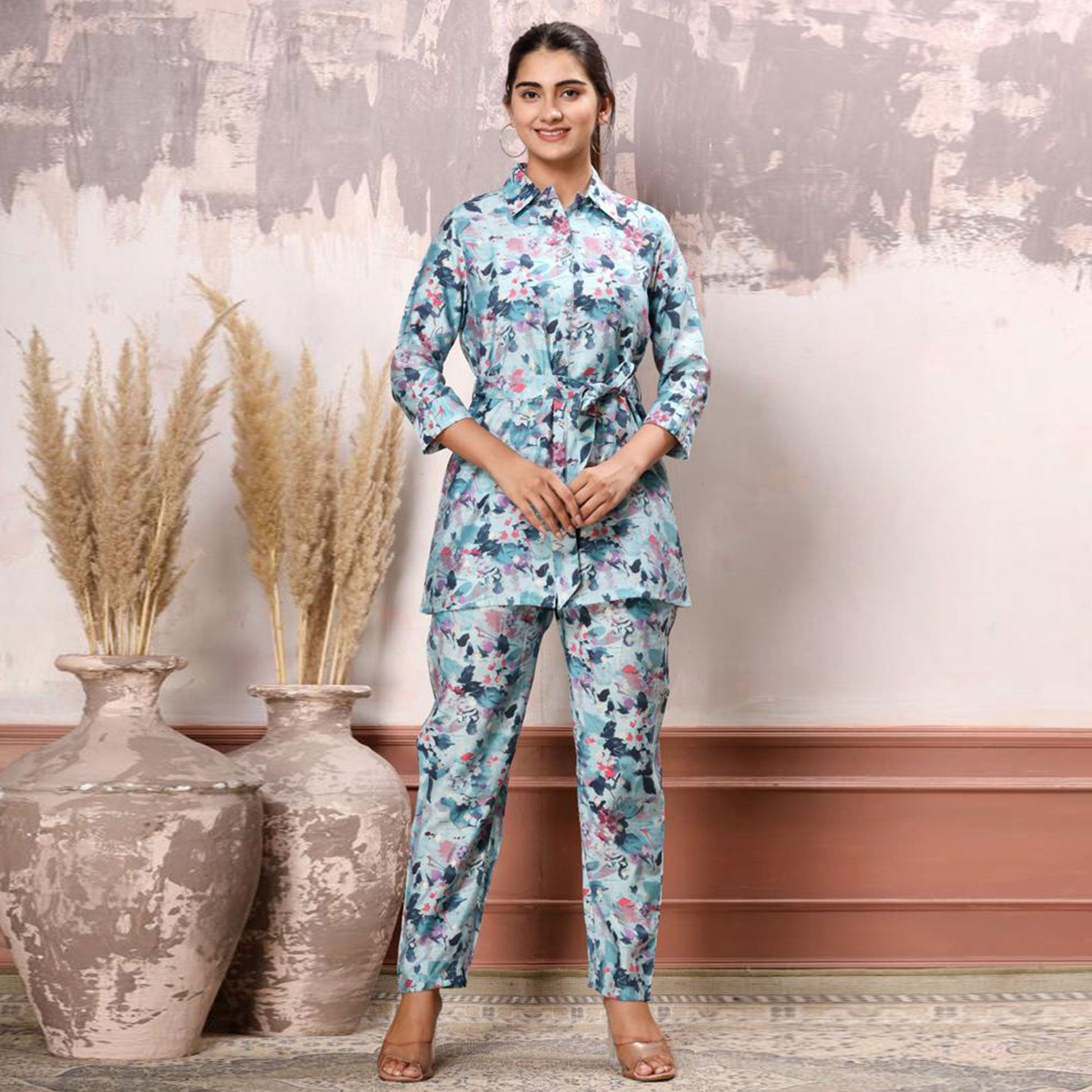 Light Blue Floral Printed Cotton Silk Co Ord Set