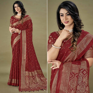 Maroon Bandhani Printed With Zari Border Jute Saree