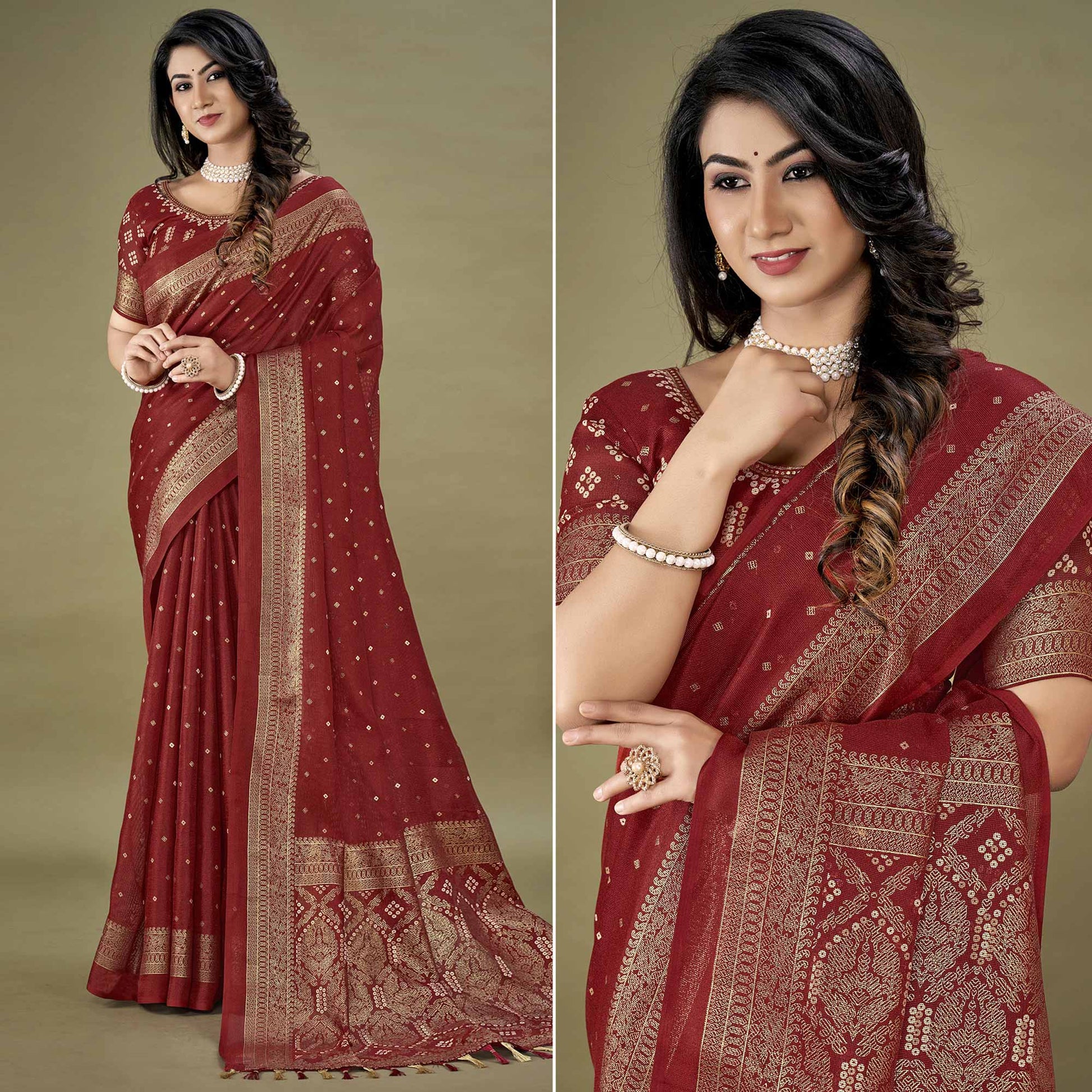 Maroon Bandhani Printed With Zari Border Jute Saree
