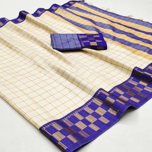 Cream & Blue Woven Cotton Silk Saree