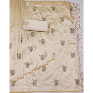 Cream Floral Embroidered Assam Silk Saree With Tassels
