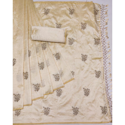 Cream Floral Embroidered Assam Silk Saree With Tassels