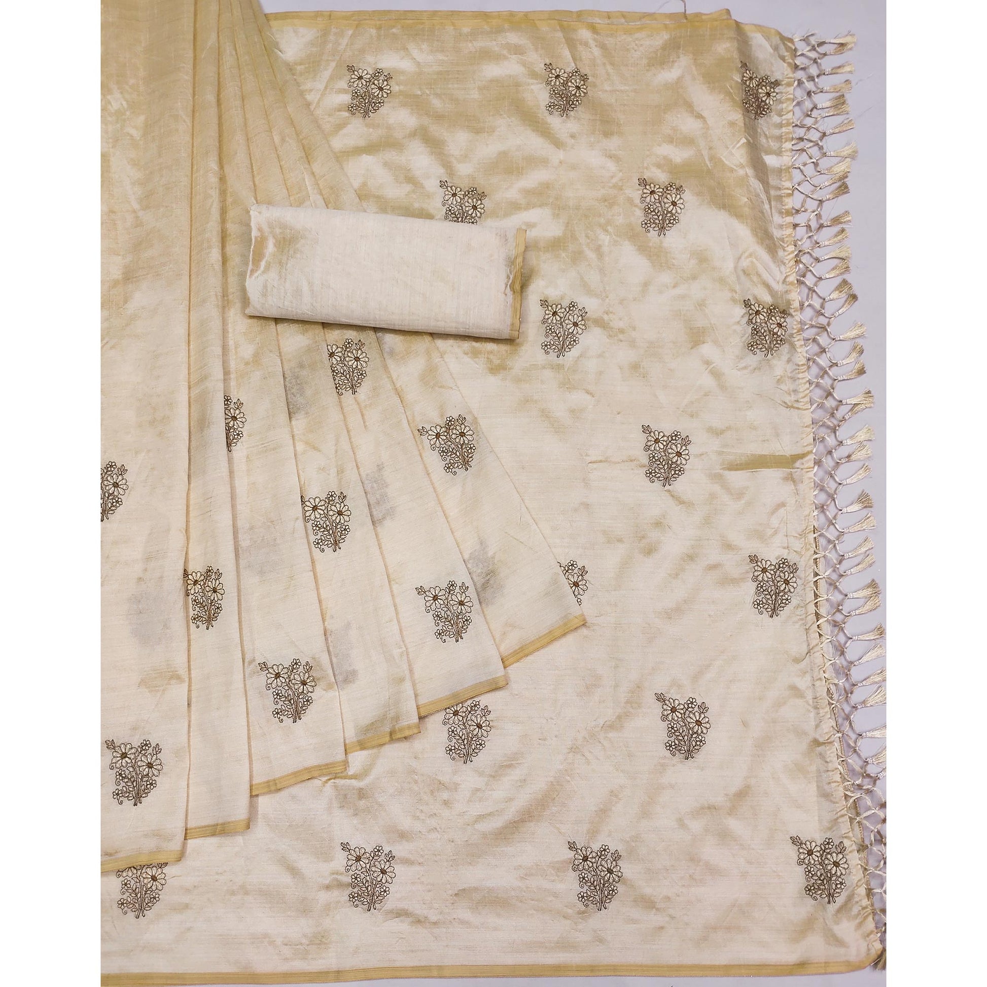 Cream Floral Embroidered Assam Silk Saree With Tassels