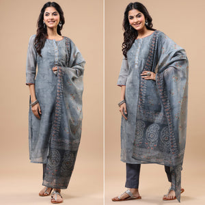 Grey Printed With Sequins Work Chanderi Salwar Suit