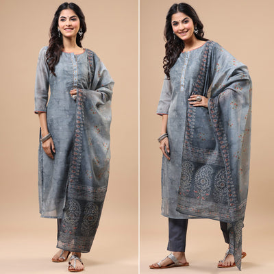 Grey Printed With Sequins Work Chanderi Salwar Suit