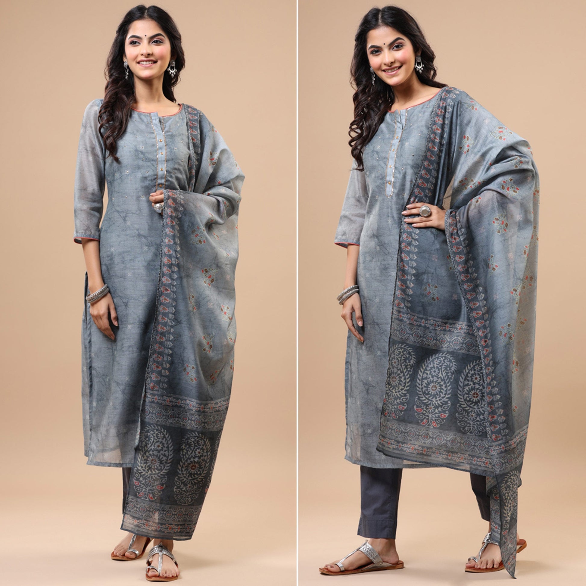 Grey Printed With Sequins Work Chanderi Salwar Suit