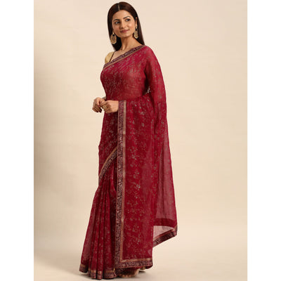 Maroon Floral Foil Printed Shimmer Saree