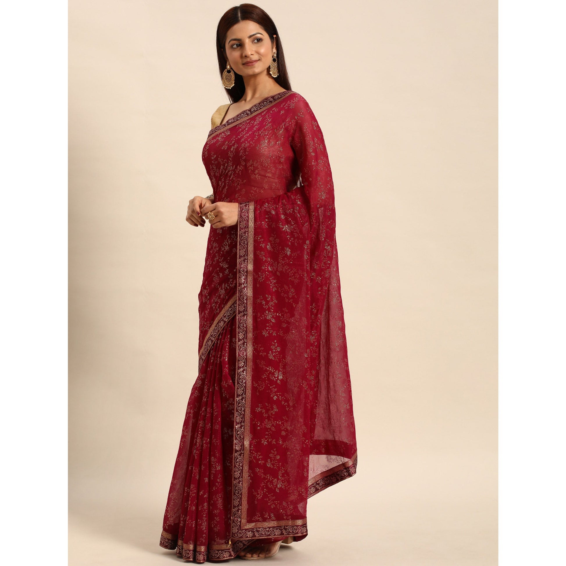 Maroon Floral Foil Printed Shimmer Saree