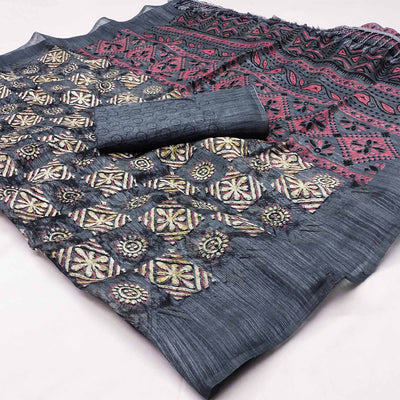 grey-floral-printed-art-silk-saree